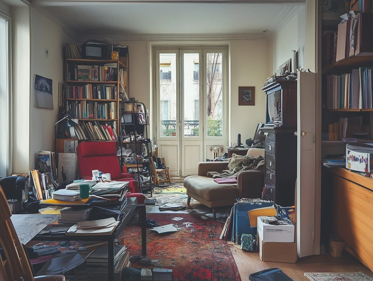 Ein Bild einer unaufgeräumten Wohnung voller Möbel Kartons und Zeitungen