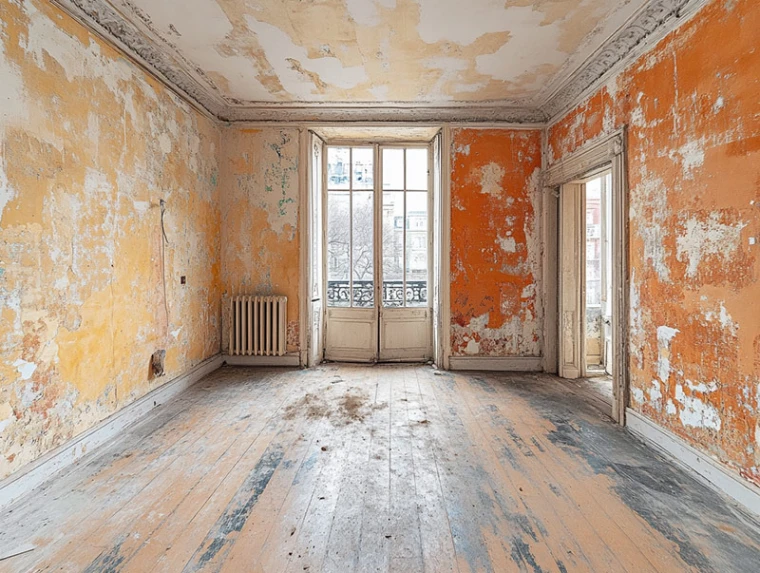 Ein renovierungsbedürftiges Zimmer in einem Altbau